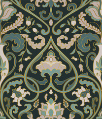 Seamless pattern with ornamental flowers and vases. Green floral damask ornament. Background for wallpaper, textile, carpet and any surface. 