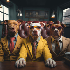 Portrait Of three Pit Bull In A Business Suit  illustration generative ai