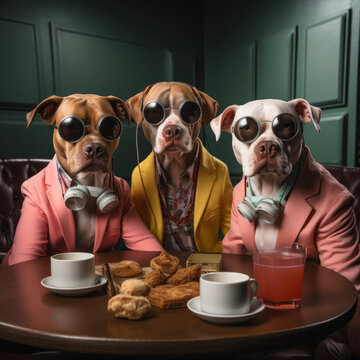 Portrait Of three Pit Bull In a fancy business Suit  illustration generative ai