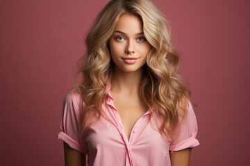 Fototapeta premium Young woman with long blonde hair on pink Background