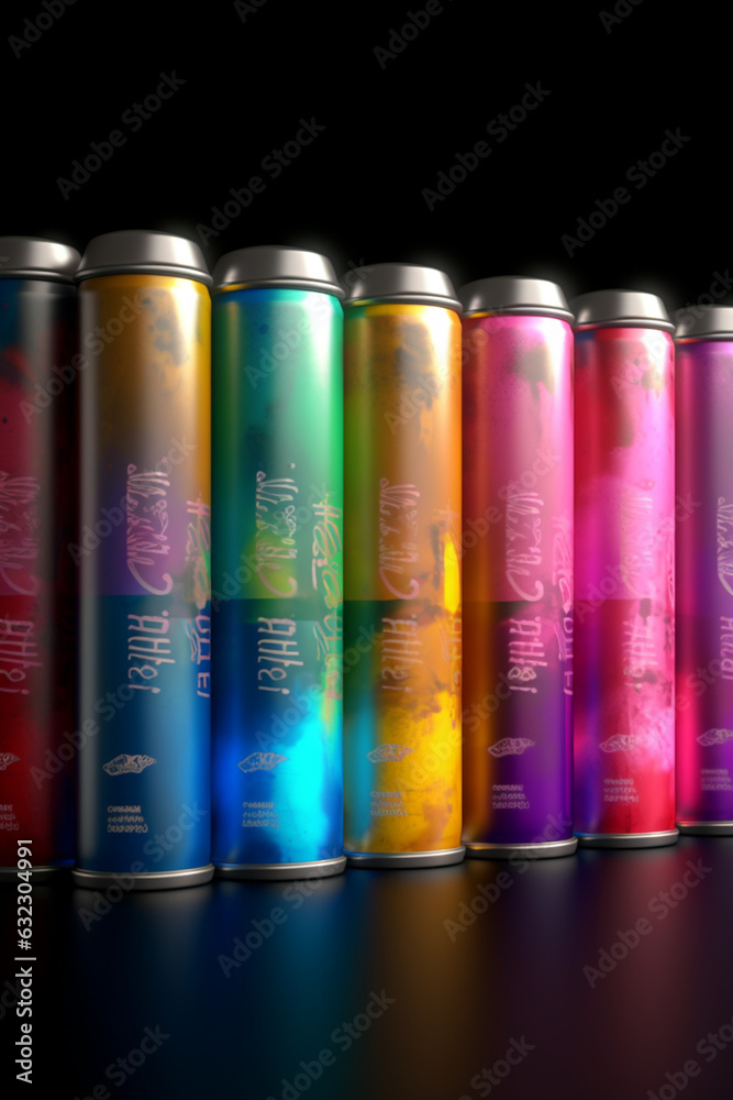 Poster  A series of aerosol paint cans arranged in a rainbow gradient, representing a wide range of colors and shades available for artistic expression.  Generative AI technology.