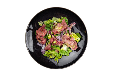 chicken stomach salad green lettuce, onion, salad dressing vegetable meal food snack on the table copy space food background rustic top view