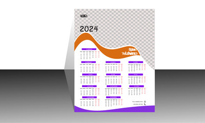One Page wall calendar template design for 2024, Week starts on Sunday calendar design 2023, Print ready single page clean, and elegant  wall calendar template design  with Place for Photo.