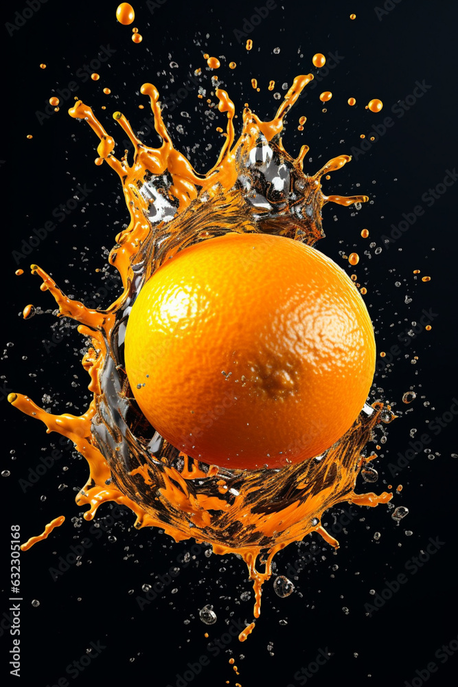 Poster an vibrant image of a orange splashed in bright paint, symbolizing freshness and health. generative 