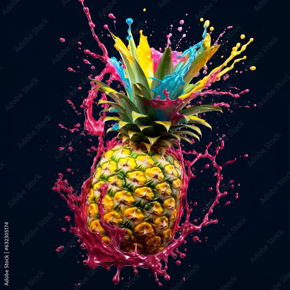 Aufkleber An vibrant image of a Pineapple splashed in bright paint, symbolizing freshness and health.  Generative AI technology.