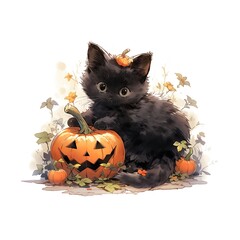 Halloween cute black kitten isolated on white background. Funny cat sitting on pumpkin jack o lantern. Watercolor cartoon illustration. Autumn, fall holidays concept for textile, wallpaper, wrapping