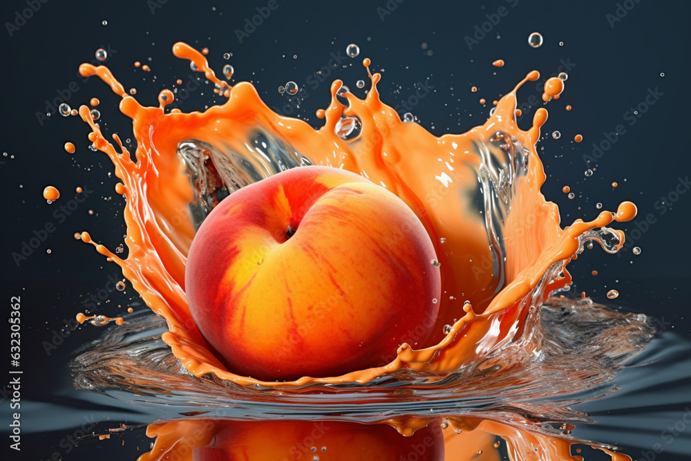 Poster An abstract surreal photograph of a Apricot splashed in bright paint, symbolizing freshness and health.  Generative AI technology.