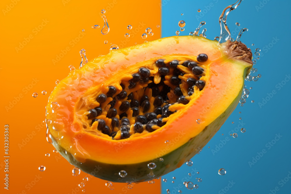 Poster An abstract surreal photograph of a Papaya splashed in bright paint, symbolizing freshness and health.  Generative AI technology.