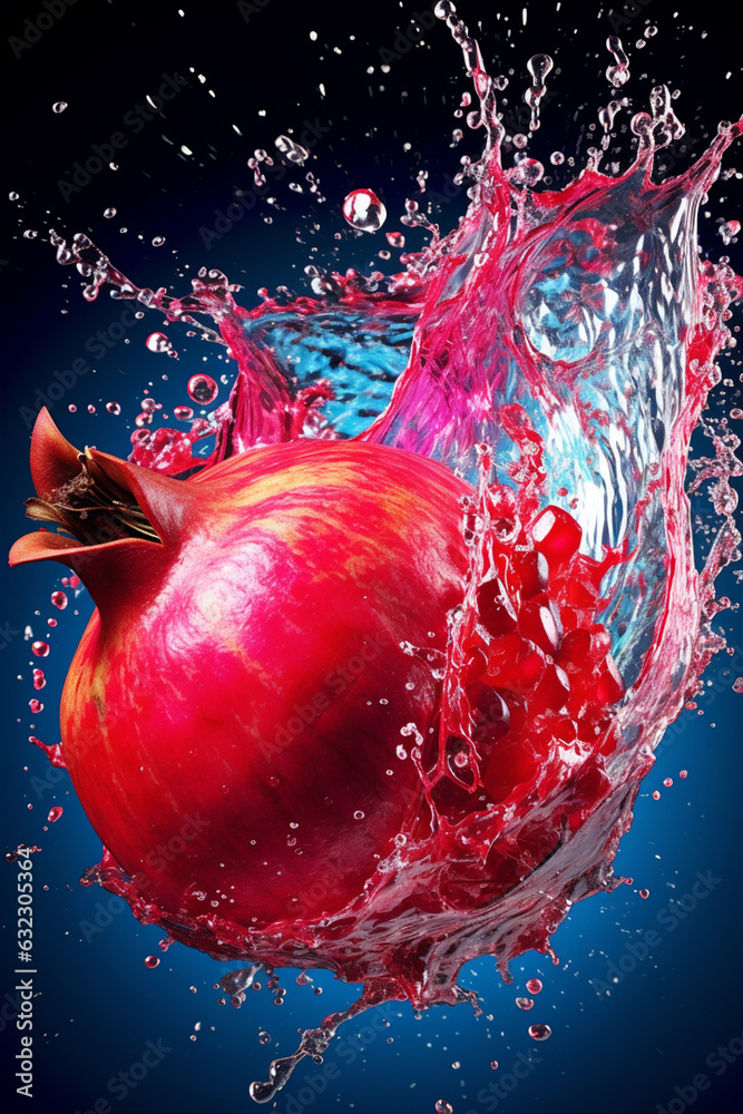 Poster An vibrant image of a Pomegranate splashed in bright paint, symbolizing freshness and health.  Generative AI technology.