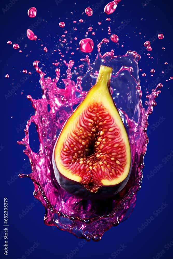 Poster An vibrant image of a Fig splashed in bright paint, symbolizing freshness and health.  Generative AI technology.