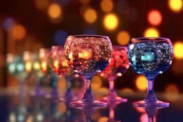 glasses with a drink on the background of a blurred festive illumination. 