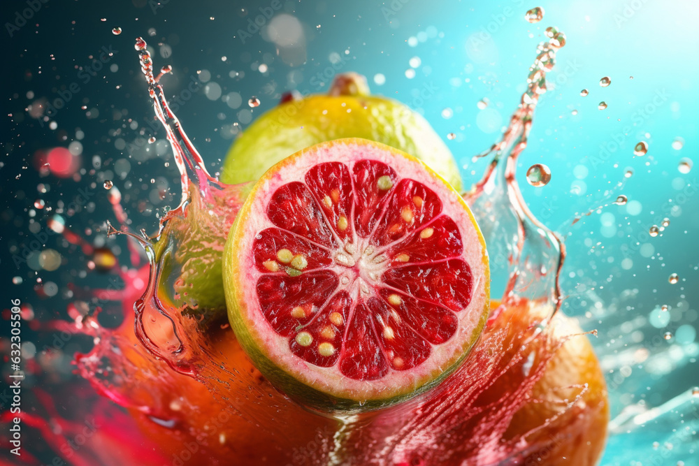 Poster An abstract surreal photograph of a Guava splashed in bright paint, symbolizing freshness and health. Generative AI technology.