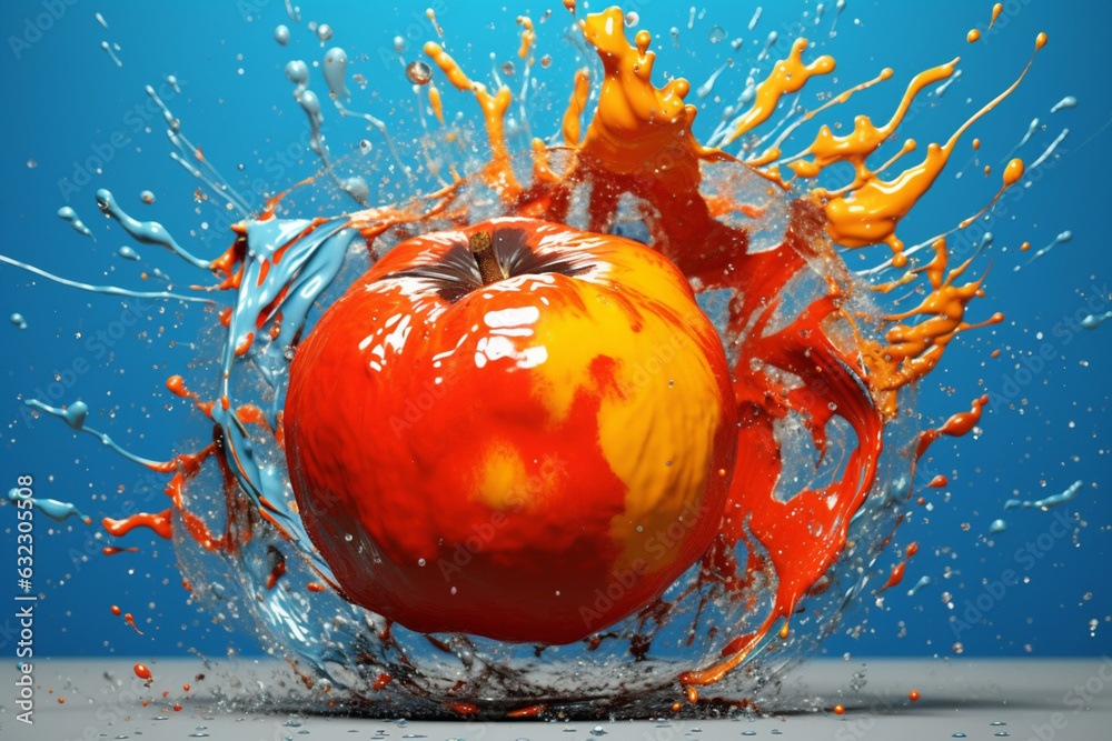 Poster an abstract surreal photograph of a persimmon splashed in bright paint, symbolizing freshness and he