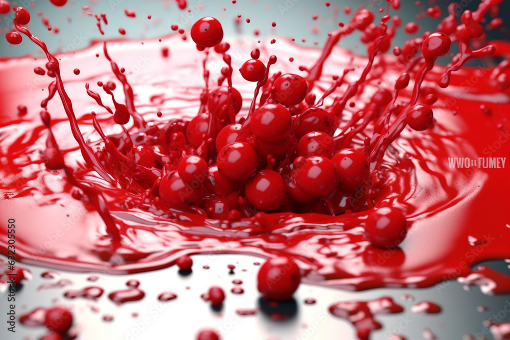 Poster an abstract surreal photograph of a cranberry splashed in bright paint, symbolizing freshness and he
