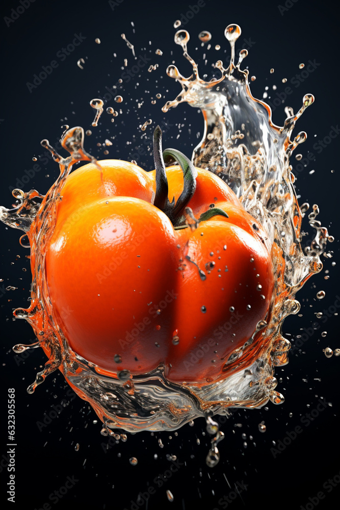 Poster An vibrant image of a Persimmon splashed in bright paint, symbolizing freshness and health.  Generative AI technology.