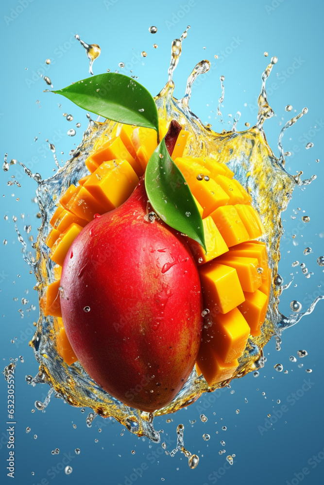 Poster an vibrant image of a mango splashed in bright paint, symbolizing freshness and health. generative a