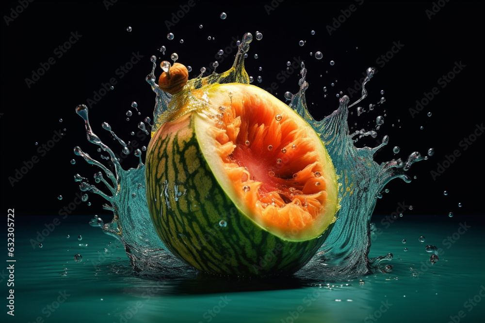 Aufkleber An abstract surreal photograph of a Honeydew melon splashed in bright paint, symbolizing freshness and health.  Generative AI technology.