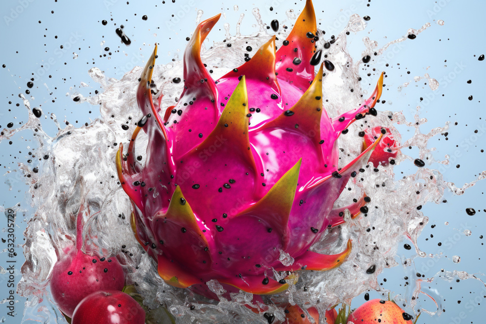 Poster an abstract surreal photograph of a dragon fruit splashed in bright paint, symbolizing freshness and