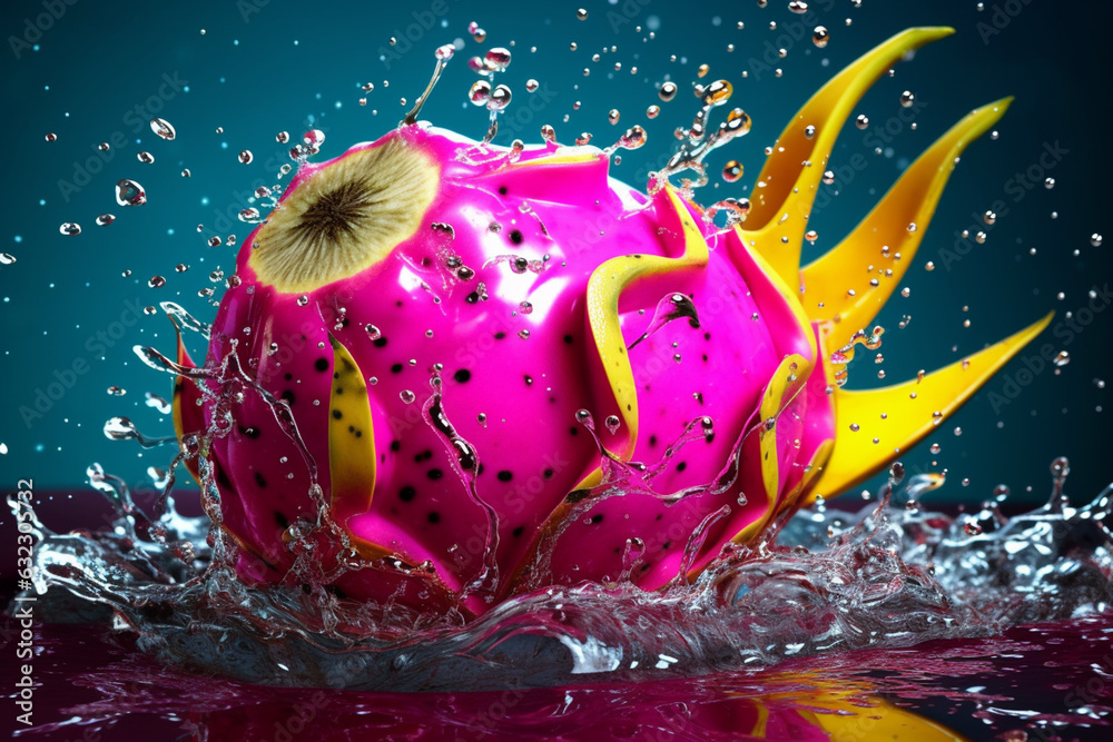 Aufkleber an abstract surreal photograph of a dragon fruit splashed in bright paint, symbolizing freshness and