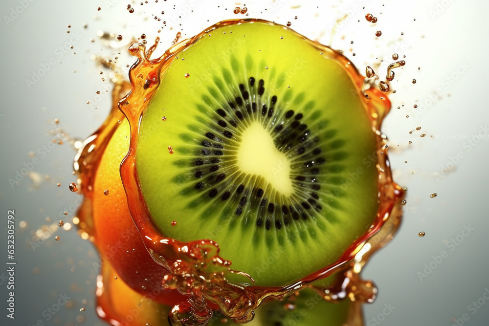 Fototapete an abstract surreal photograph of a kiwifruit splashed in bright paint, symbolizing freshness and he