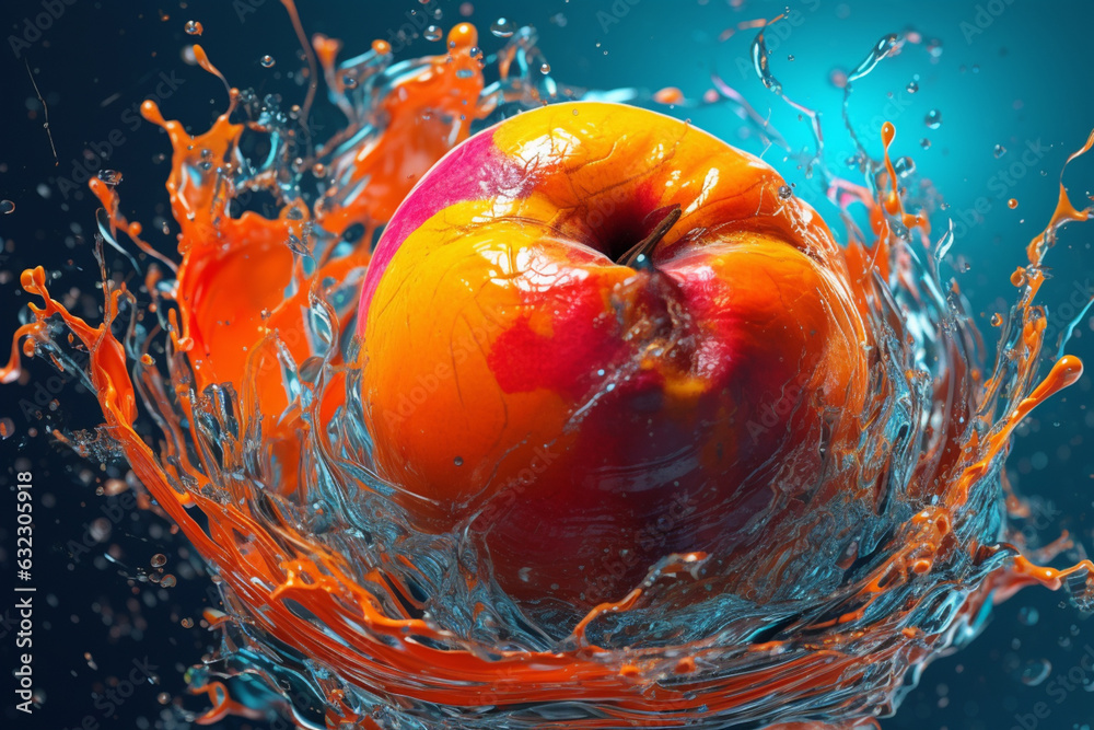 Aufkleber an abstract surreal photograph of a persimmon splashed in bright paint, symbolizing freshness and he