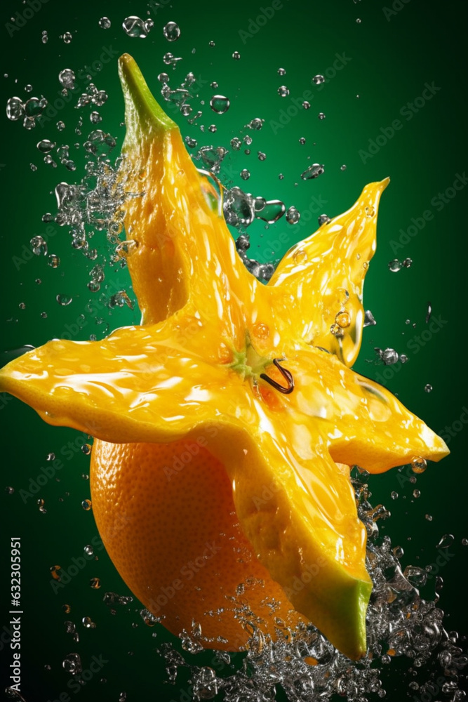 Poster an vibrant image of a star fruit splashed in bright paint, symbolizing freshness and health. generat
