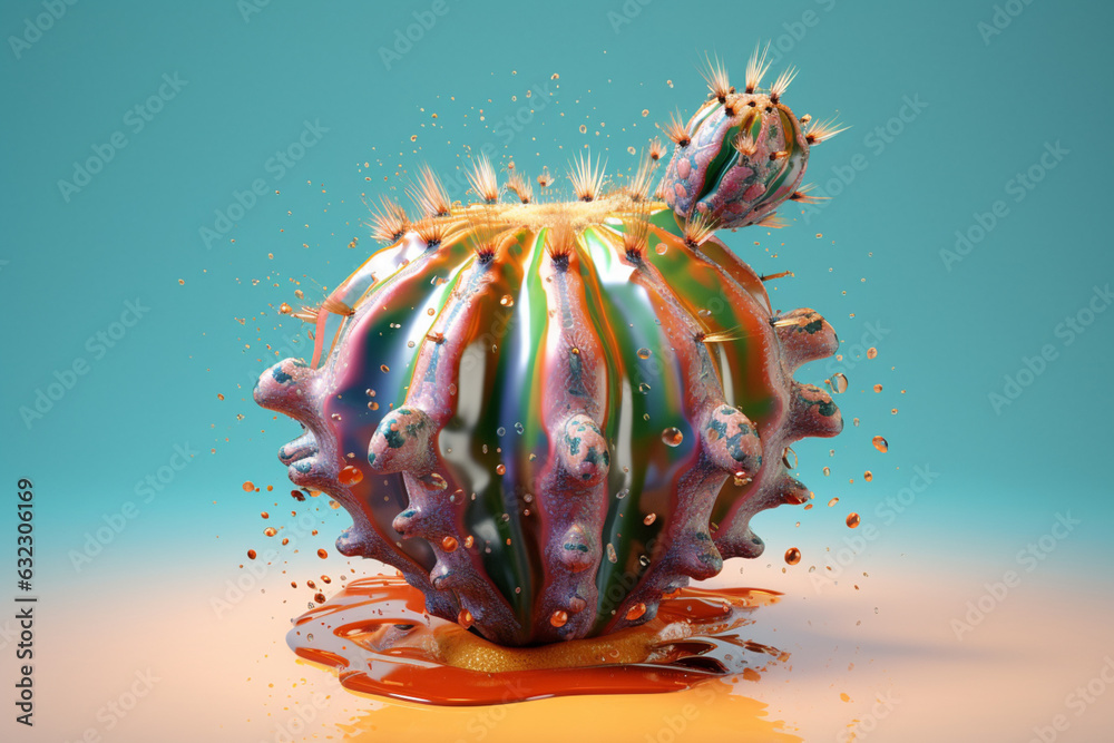 Poster an abstract surreal photograph of a peyote cactus (lophophora williamsii) splashed in bright paint, 