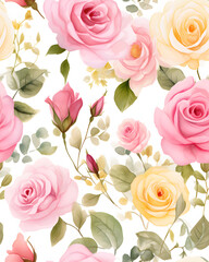 Pink roses bloom watercolor  seamless pattern