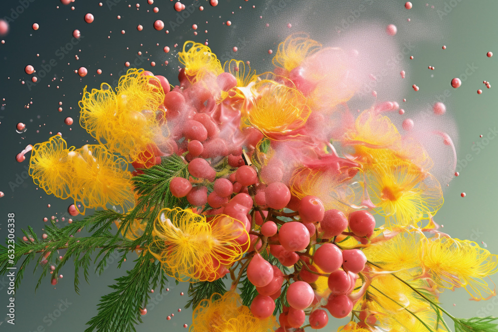 Poster an abstract surreal photograph of a mimosa hostilis (jurema) splashed in bright paint, generative ai