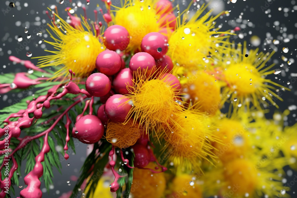 Aufkleber an abstract surreal photograph of a mimosa hostilis (jurema) splashed in bright paint, generative ai