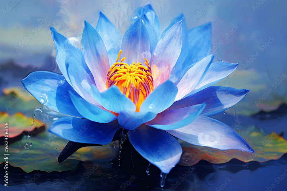 Poster an abstract surreal photograph of a blue lotus (nymphaea caerulea) splashed in bright paint, generat