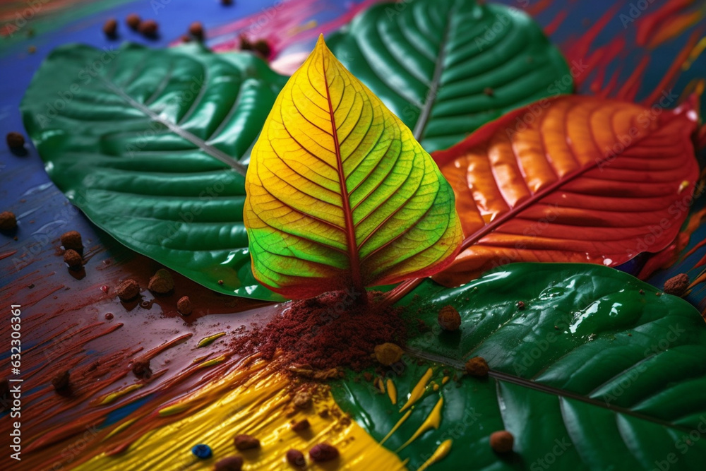 Poster an abstract surreal photograph of a kratom (mitragyna speciosa) splashed in bright paint, generative