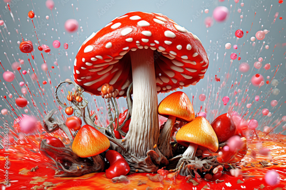 Aufkleber an abstract surreal photograph of a amanita muscaria (fly agaric) splashed in bright paint, generati