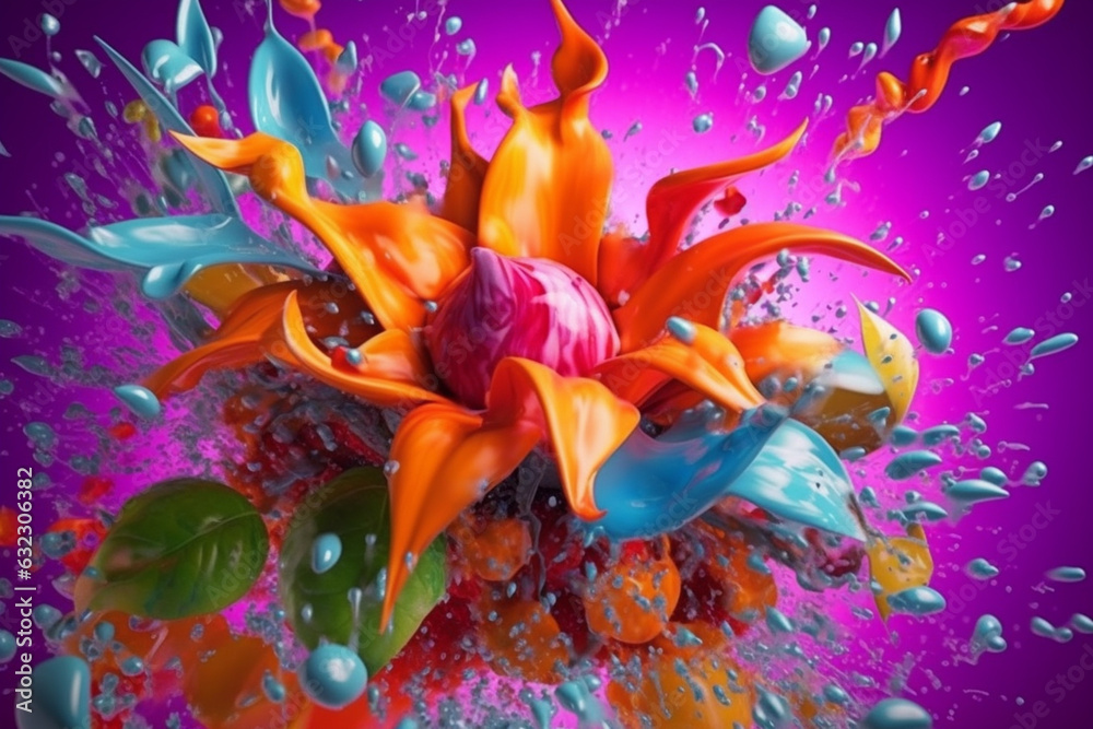 Poster an abstract surreal photograph of a calea zacatechichi (dream herb) splashed in bright paint, genera