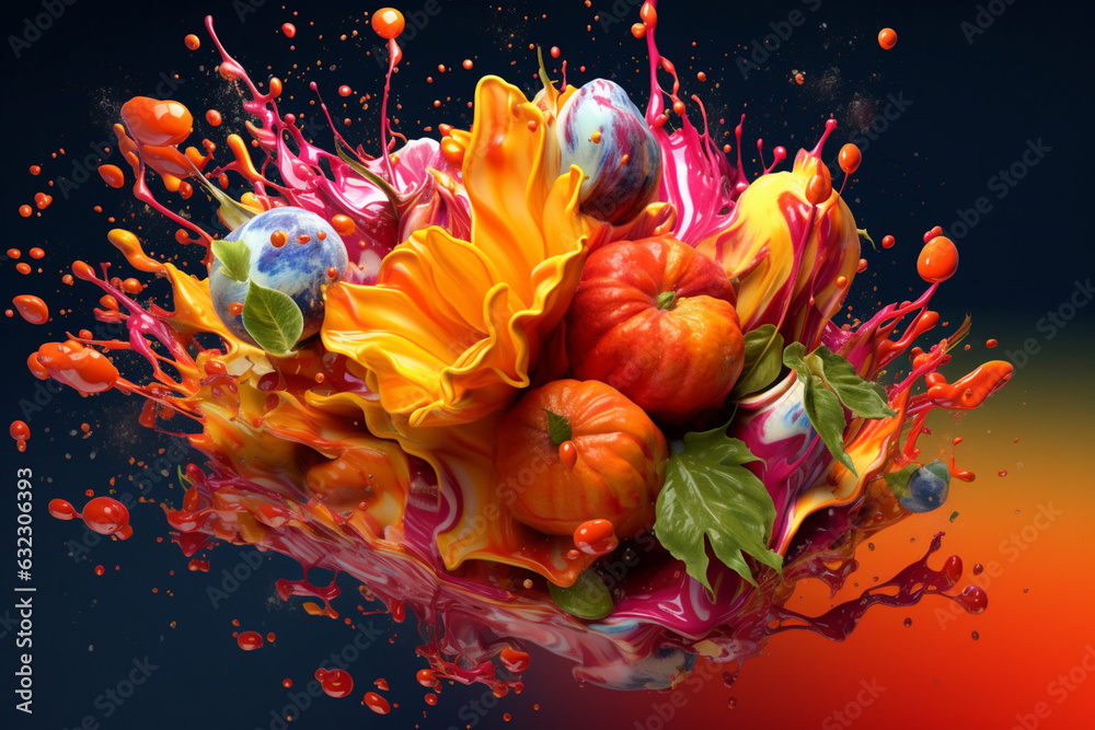 Poster an abstract surreal photograph of a calea zacatechichi (dream herb) splashed in bright paint, genera