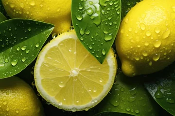Foto op Plexiglas Fresh juicy wet yellow lemons. Lime fruit texture. Citrus fruits with drops of water pattern. Vibrant color summer design. Flat lay, top view © ratatosk
