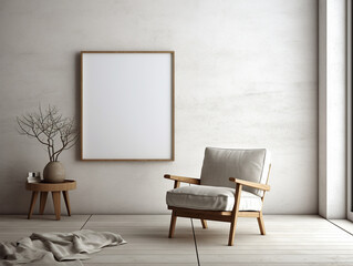 Canvas mockup in minimalist interior background with armchair and rustic decor. Generative AI