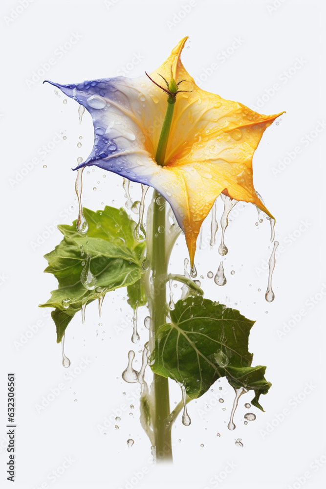 Poster an vibrant image of a jimsonweed (datura stramonium) splashed in bright paint, generative ai technol