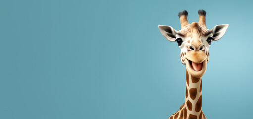 Naklejka premium Cute giraffe with happy positive smiling expression. Wide banner copy space on side. Generative AI