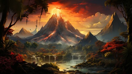 Volcanic activity, lava flow flows down the mountain. Frightening dangerous landscape. Generative AI