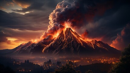 Volcanic activity, lava flow flows down the mountain. Frightening dangerous landscape. Generative AI