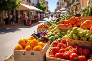 Foto op Plexiglas Street outdoors market of natural products. Small local farmer shop of fruits, vegetables in street of Spanish city in sunny day. Detail of Spain © vejaa