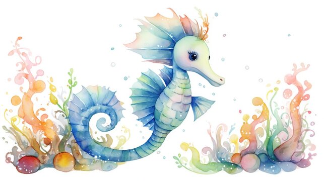  a watercolor painting of a seahorse in the ocean.  generative ai