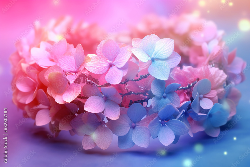 Poster an image of a flower crown made with delicate hydrangea, smooth elegant transparent fabric on bright