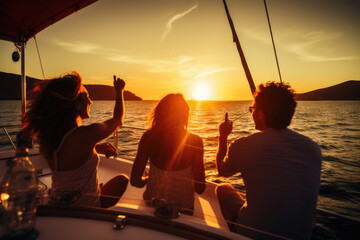 Group of friends having fun in luxury yach boat. Young men and women enjoy travel, vacation, travel on boat yacht sailing in sea, ocean at sunset on summer - Powered by Adobe