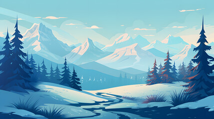 Snowy Winter mountains landscape flat design background