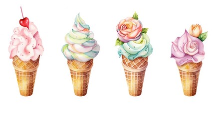  a group of ice cream cones with different toppings on them.  generative ai