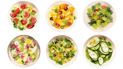  four plates of different types of salads on white plates.  generative ai