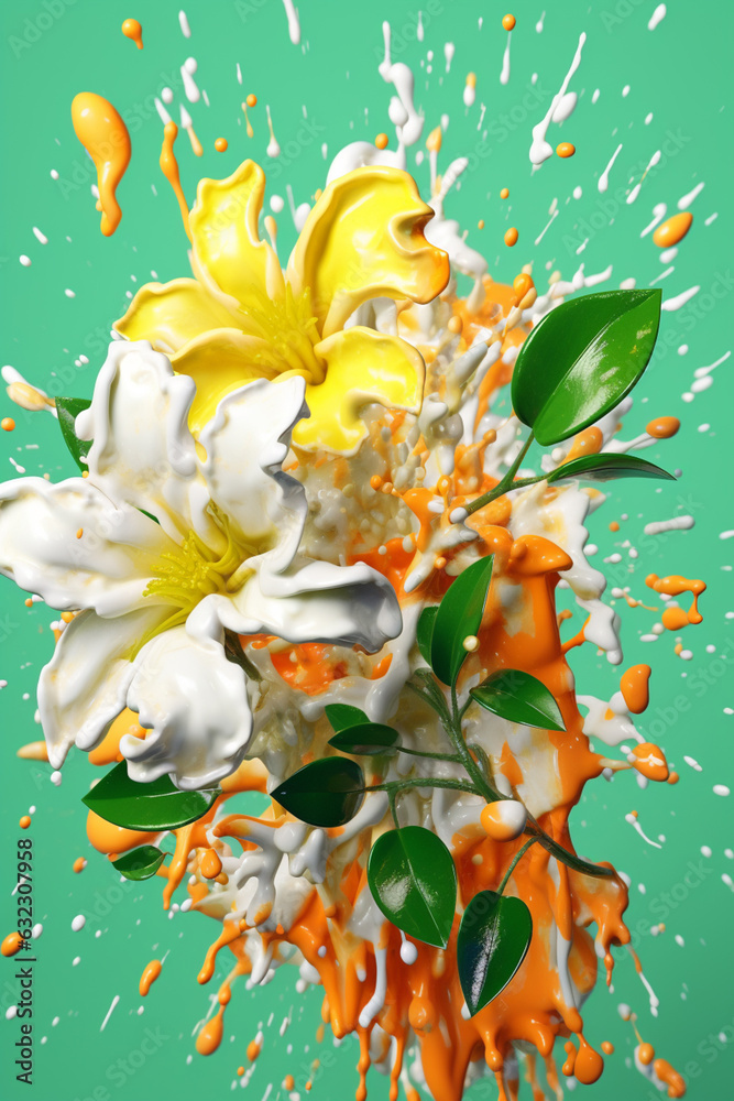 Fototapete an abstract surreal photograph of a jasmine splashed in bright paint. generative ai technology.
