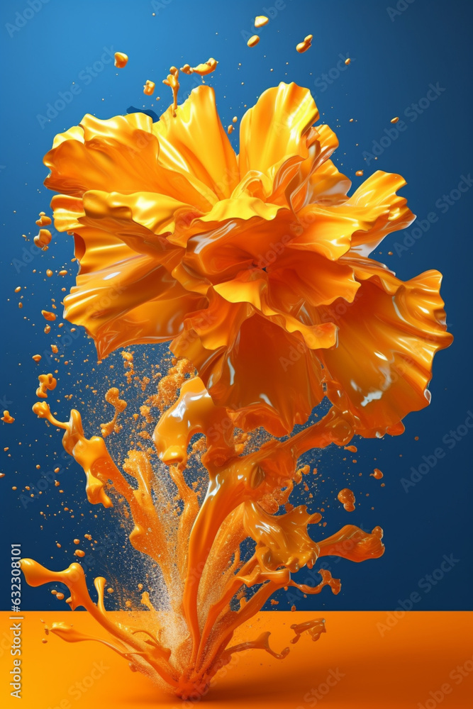 Poster An abstract surreal photograph of a Marigold splashed in bright paint.  Generative AI technology.